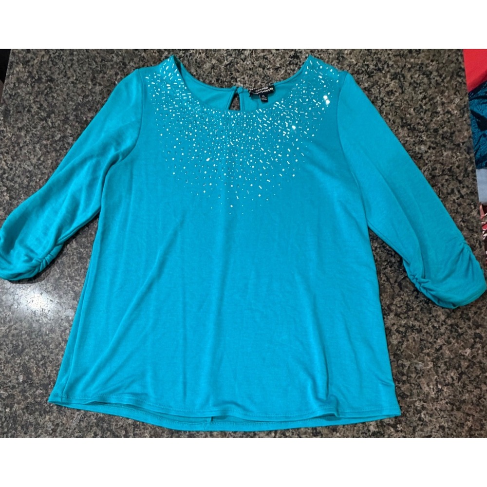 Corvia Teal Blue Embellished Rhinestone Studded 3/4 Sleeve Knit Top XL